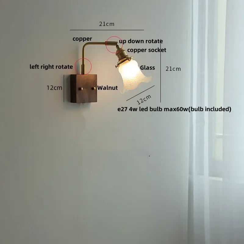 Brass walnut wood wall sconce bedroom flower glass light