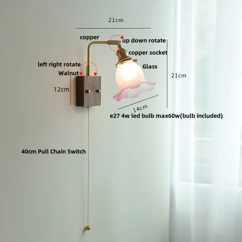 Brass walnut wood wall sconce bedroom flower glass light