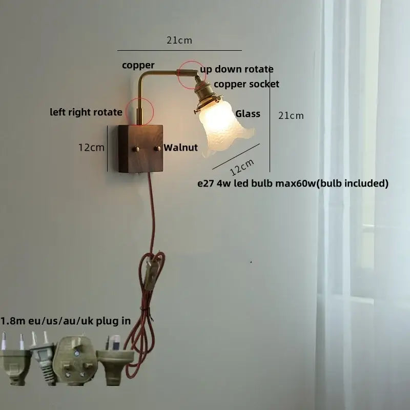 Brass walnut wood wall sconce bedroom flower glass light