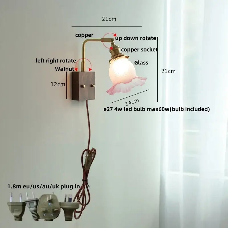 Brass walnut wood wall sconce bedroom flower glass light
