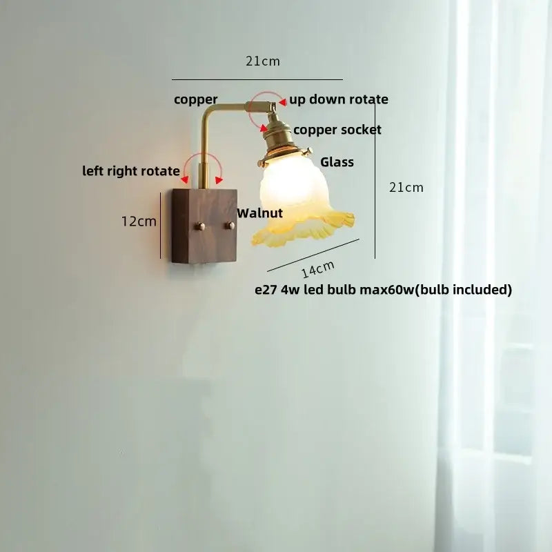 Brass walnut wood wall sconce bedroom flower glass light