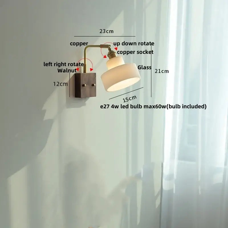 Brass walnut wood wall sconce bedroom flower glass light