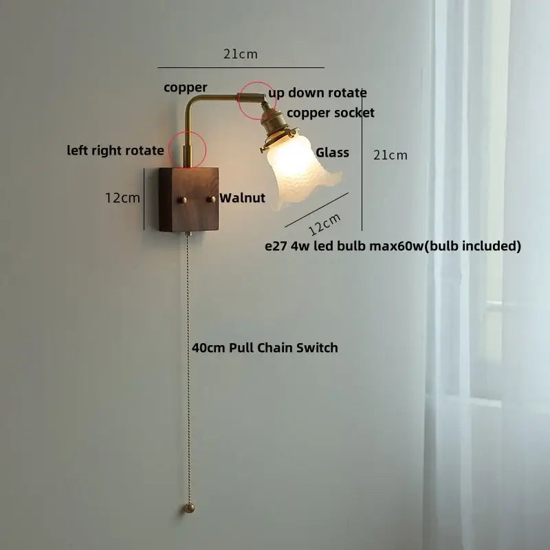 Brass walnut wood wall sconce bedroom flower glass light