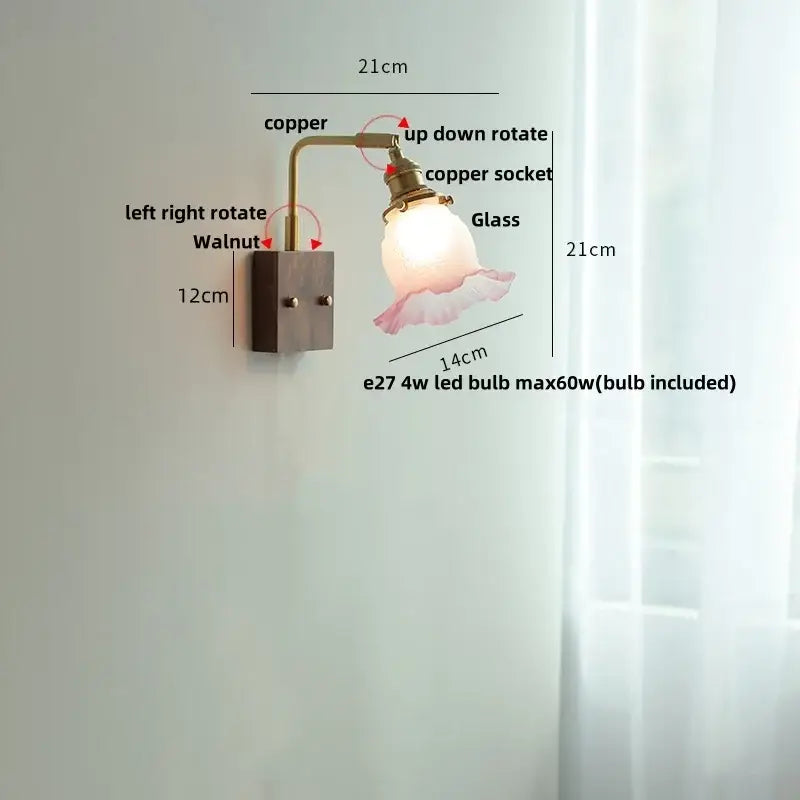 Brass walnut wood wall sconce bedroom flower glass light
