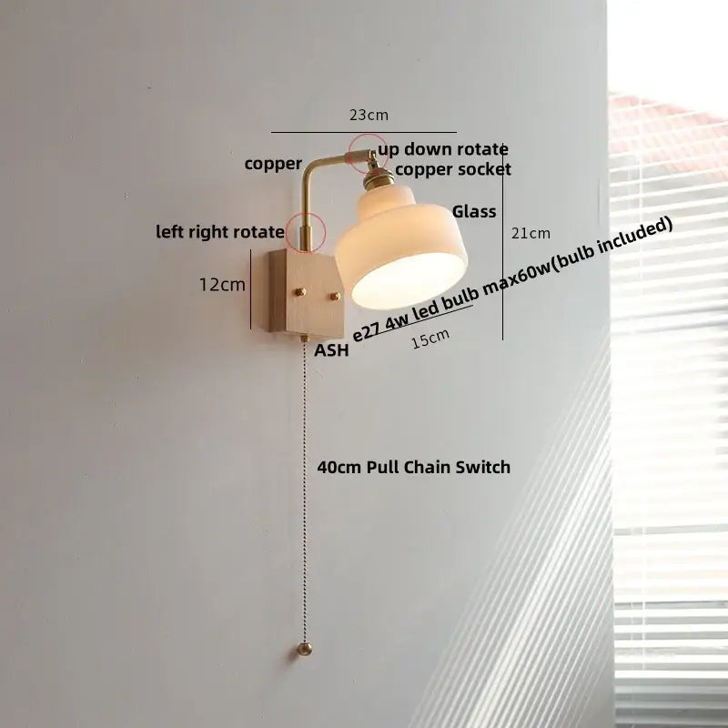 Brass walnut wood wall sconce bedroom flower glass light