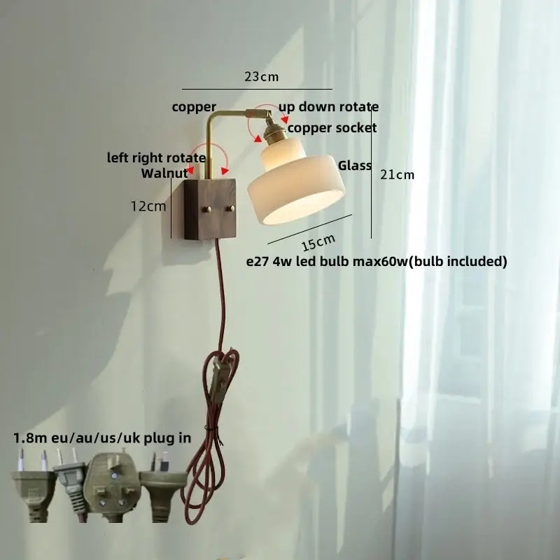Brass walnut wood wall sconce bedroom flower glass light
