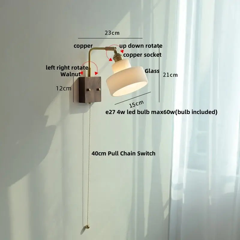 Brass walnut wood wall sconce bedroom flower glass light