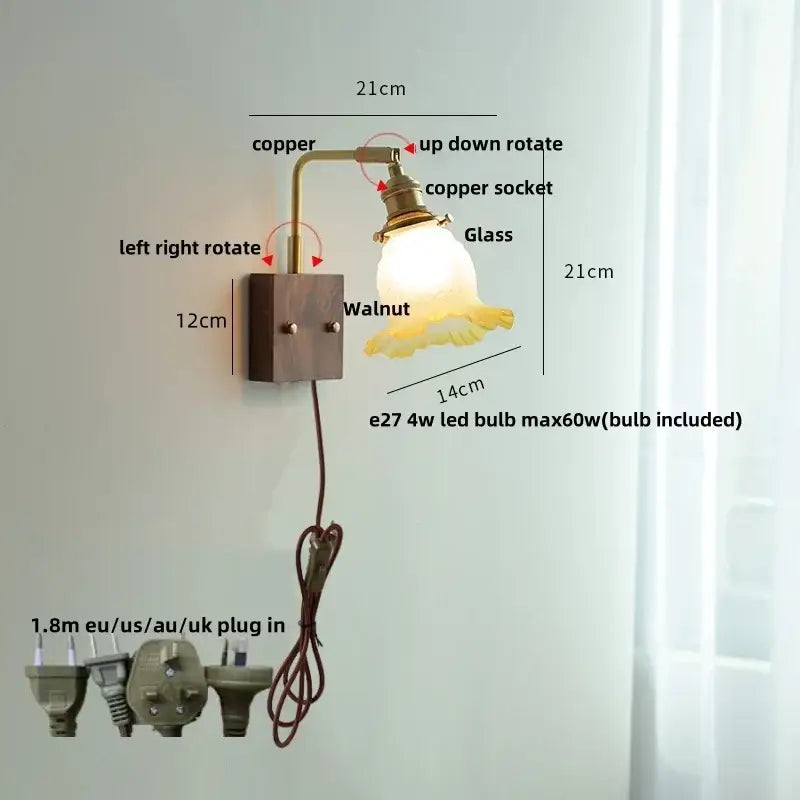 Brass walnut wood wall sconce bedroom flower glass light