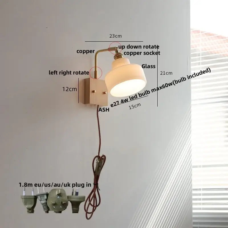 Brass walnut wood wall sconce bedroom flower glass light