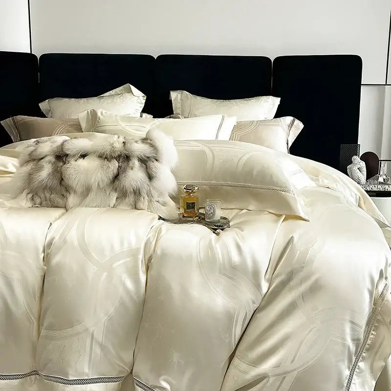 Brocade satin jacquard silver bedding set bedroom damask embroidery