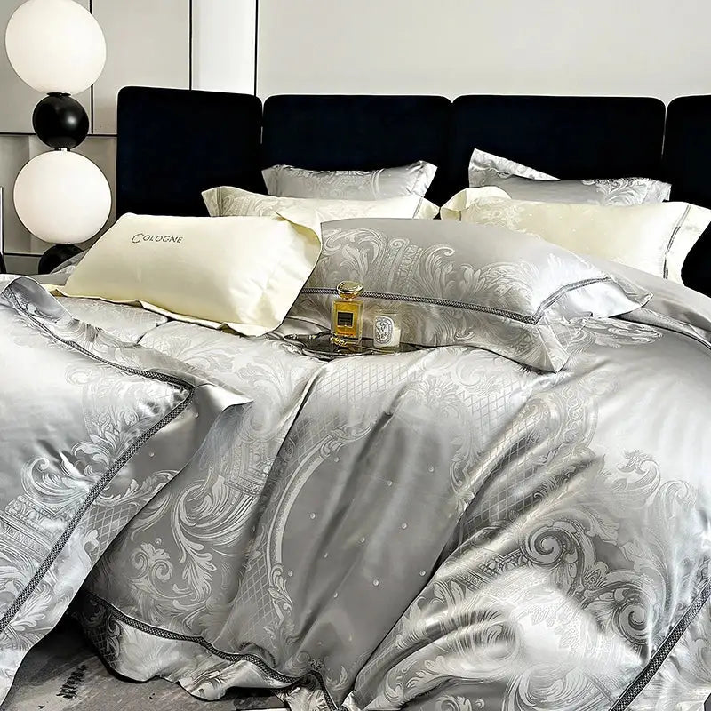 Brocade satin jacquard silver bedding set bedroom damask embroidery