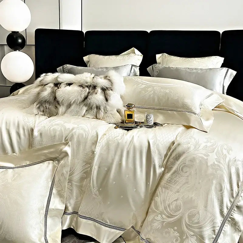 Brocade satin jacquard silver bedding set bedroom damask embroidery