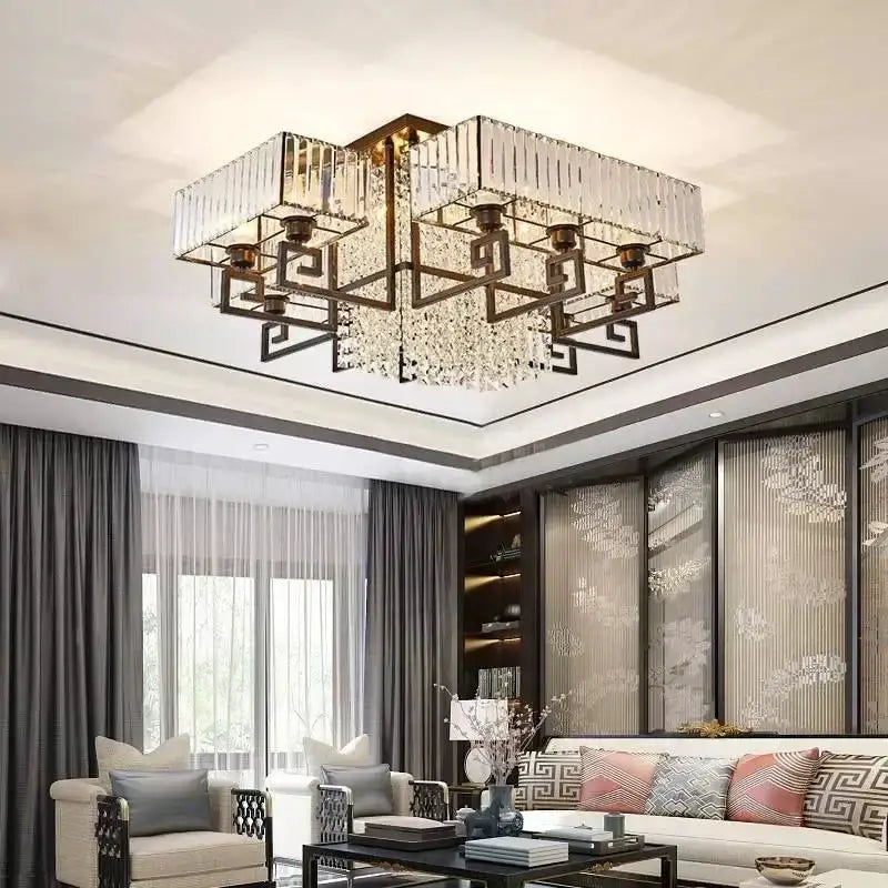 Bronze geometric crystal rectangular ceiling light for living room