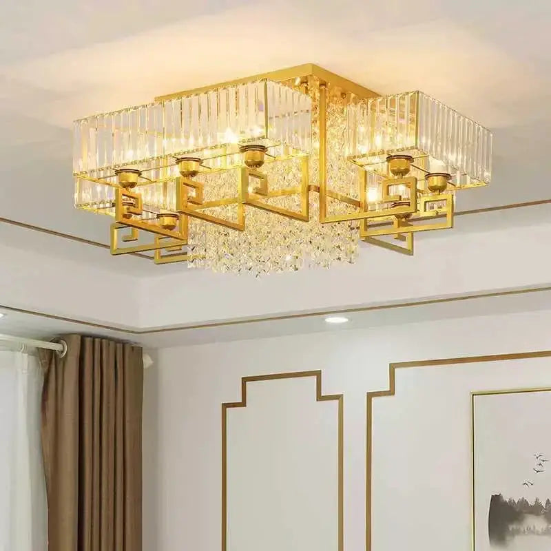 Bronze geometric crystal rectangular ceiling light for living room