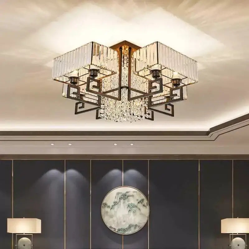 Bronze geometric crystal rectangular ceiling light for living room