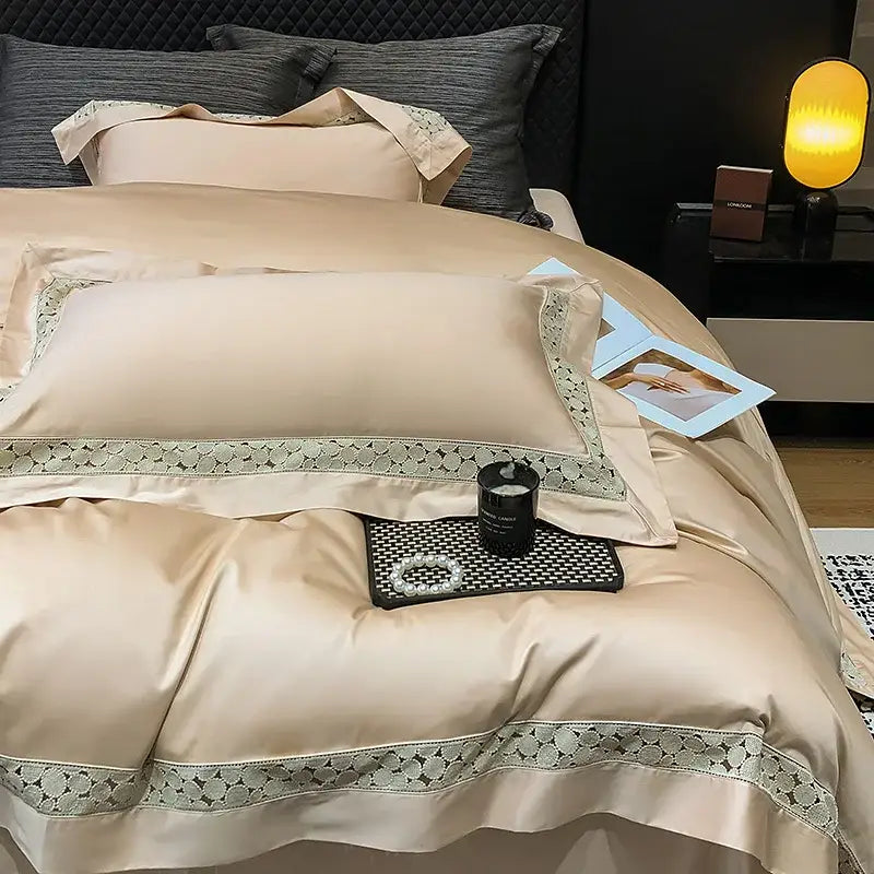 Brown lace embroidery bedding set – bedroom egyptian cotton linen