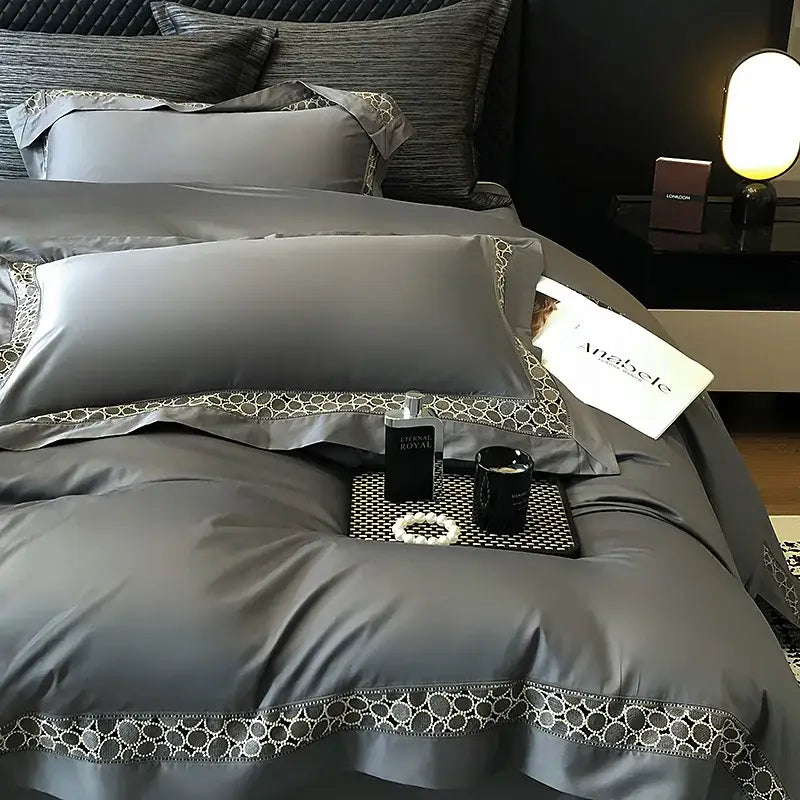 Brown lace embroidery bedding set – bedroom egyptian cotton linen