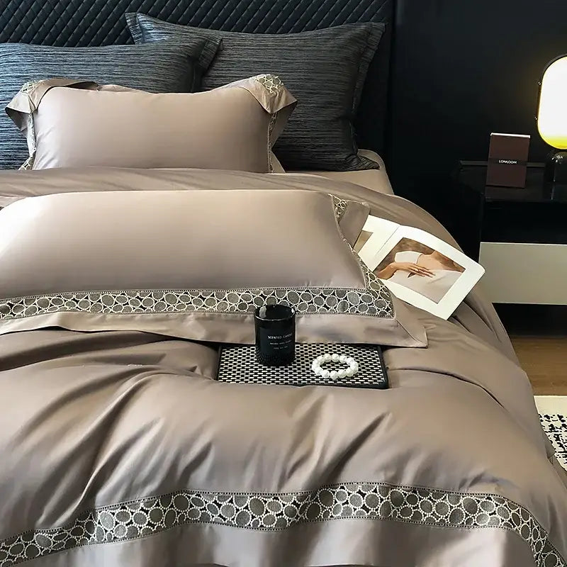 Brown lace embroidery bedding set – bedroom egyptian cotton linen