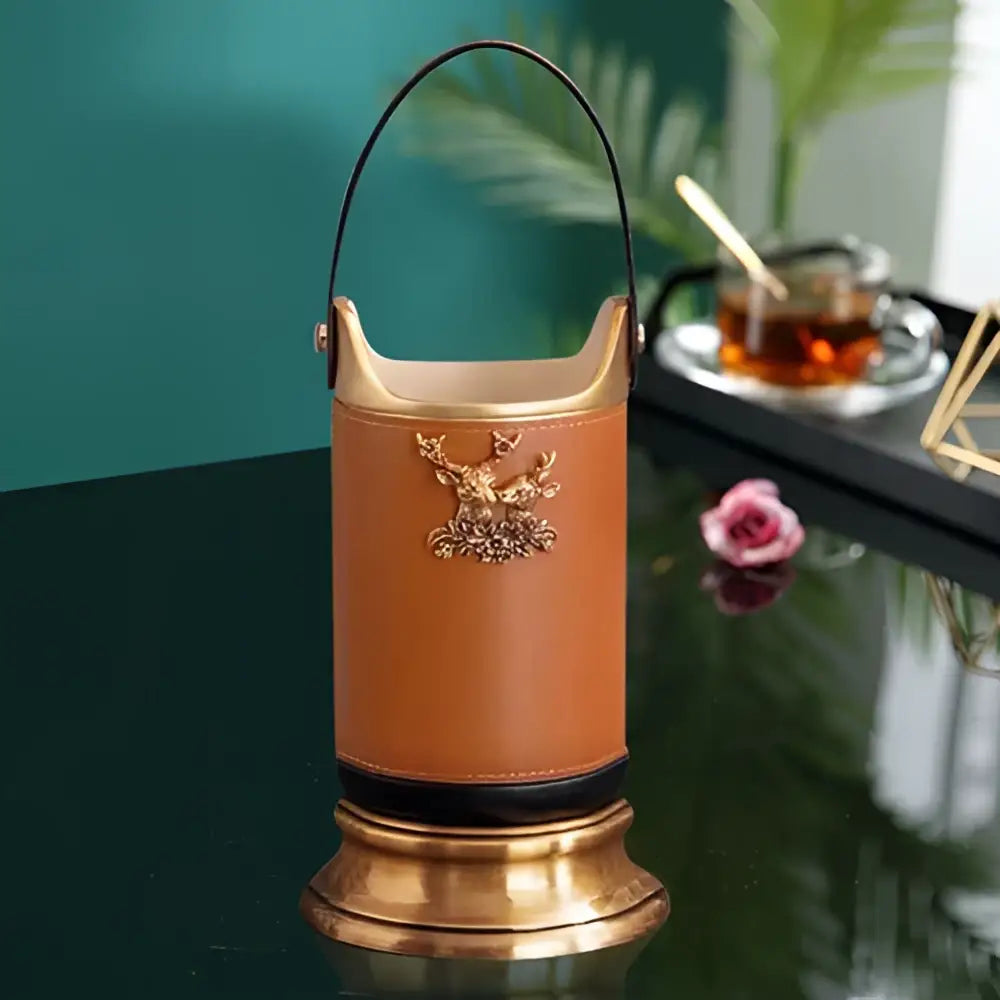 Brown leather desktop storage basket with gold deer for office