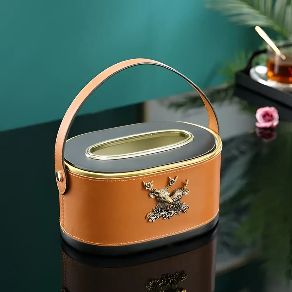 Brown leather desktop storage basket with gold deer for office