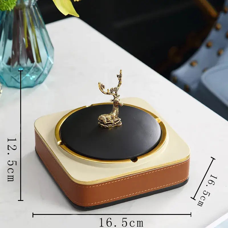 Brown leather desktop storage basket with gold deer for office