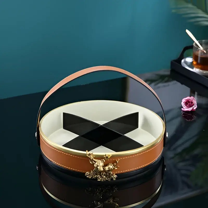 Brown leather desktop storage basket with gold deer for office