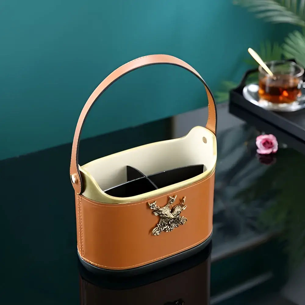 Brown leather desktop storage basket with gold deer for office