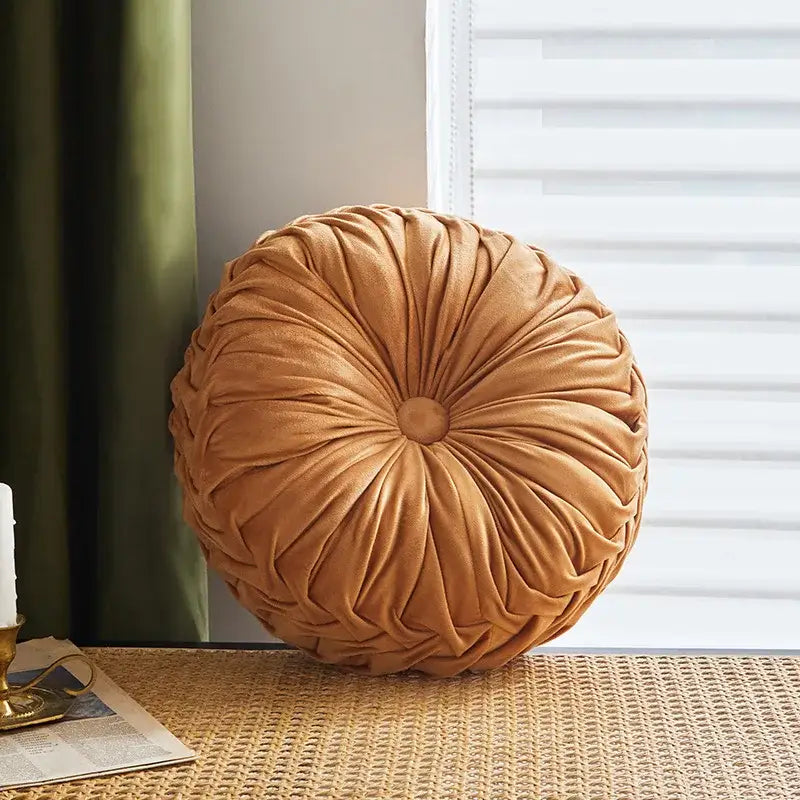 Brown pleated dutch velvet round seat cushion for living room