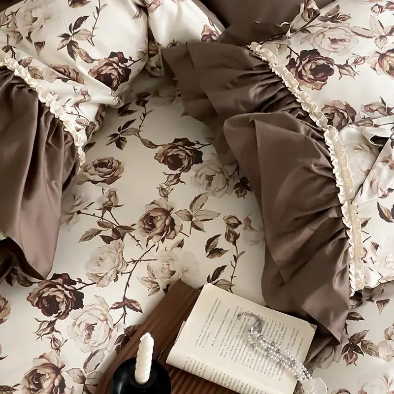 Brown vintage flowers bedding set – bedroom ruffled decor
