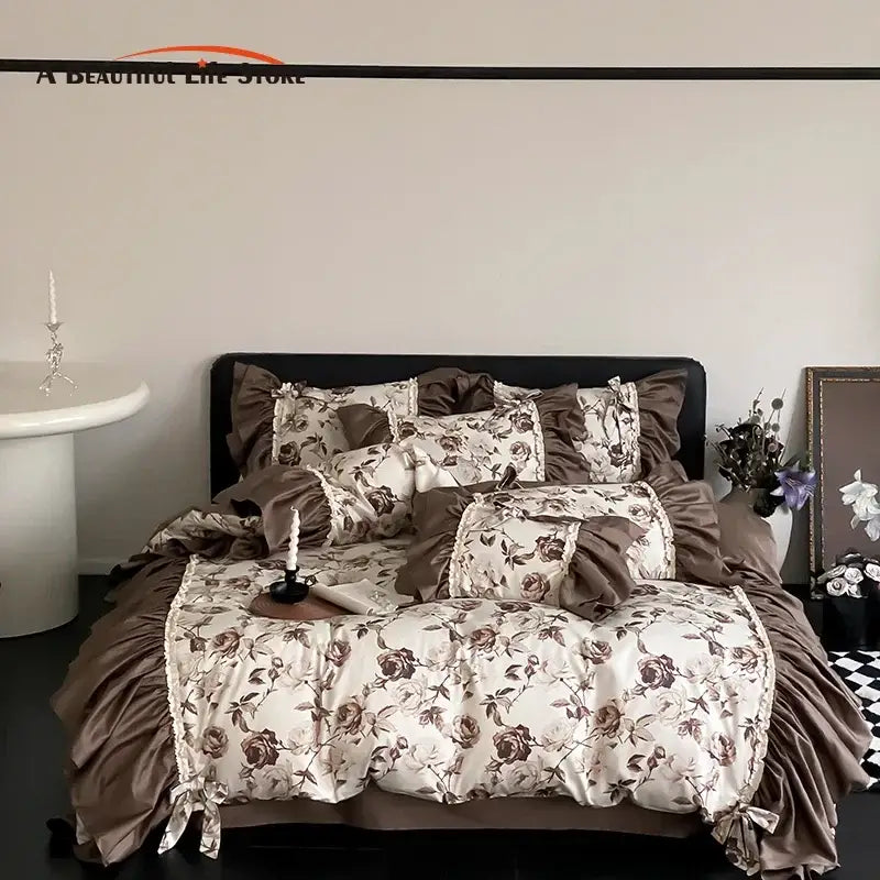 Brown vintage flowers bedding set – bedroom ruffled decor