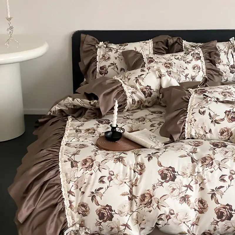 Brown vintage flowers bedding set – bedroom ruffled decor