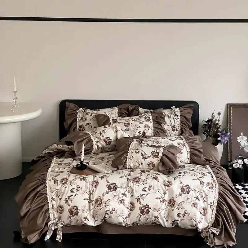 Brown vintage flowers bedding set – bedroom ruffled decor