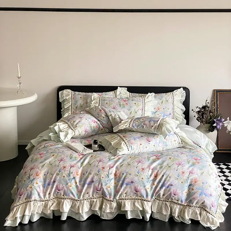 Brown vintage flowers bedding set – bedroom ruffled decor
