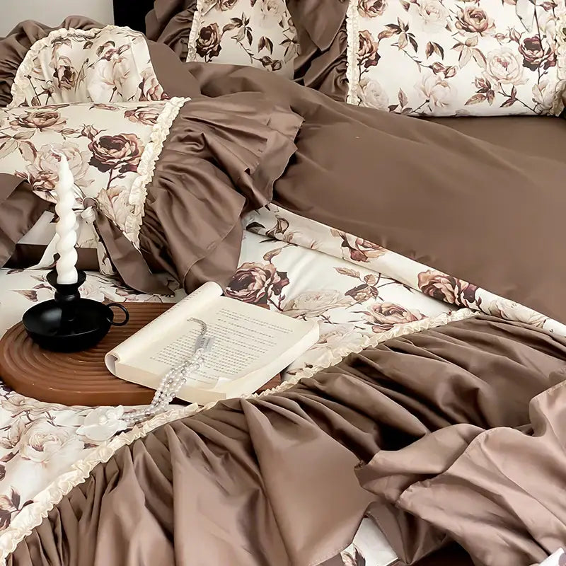 Brown vintage flowers bedding set – bedroom ruffled decor