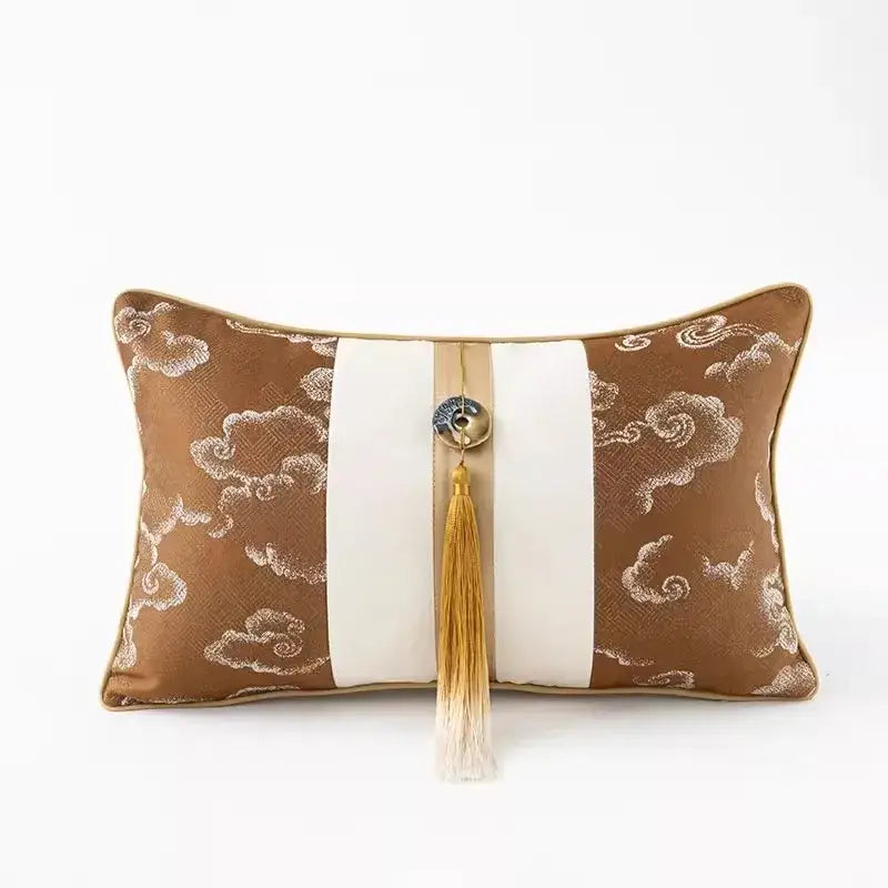 Brown & white auspicious clouds jacquard throw pillow cover living room