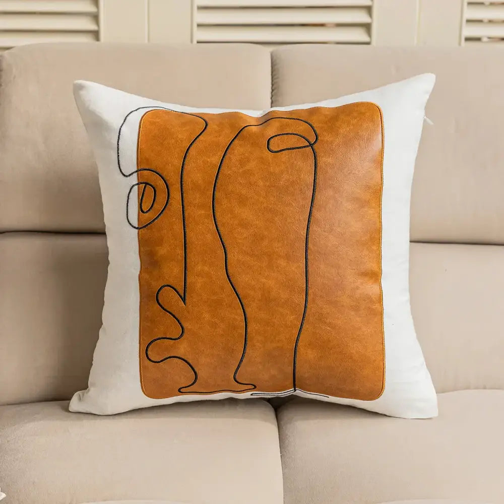 Brown & white geometric embroidery plush cushion cover living room