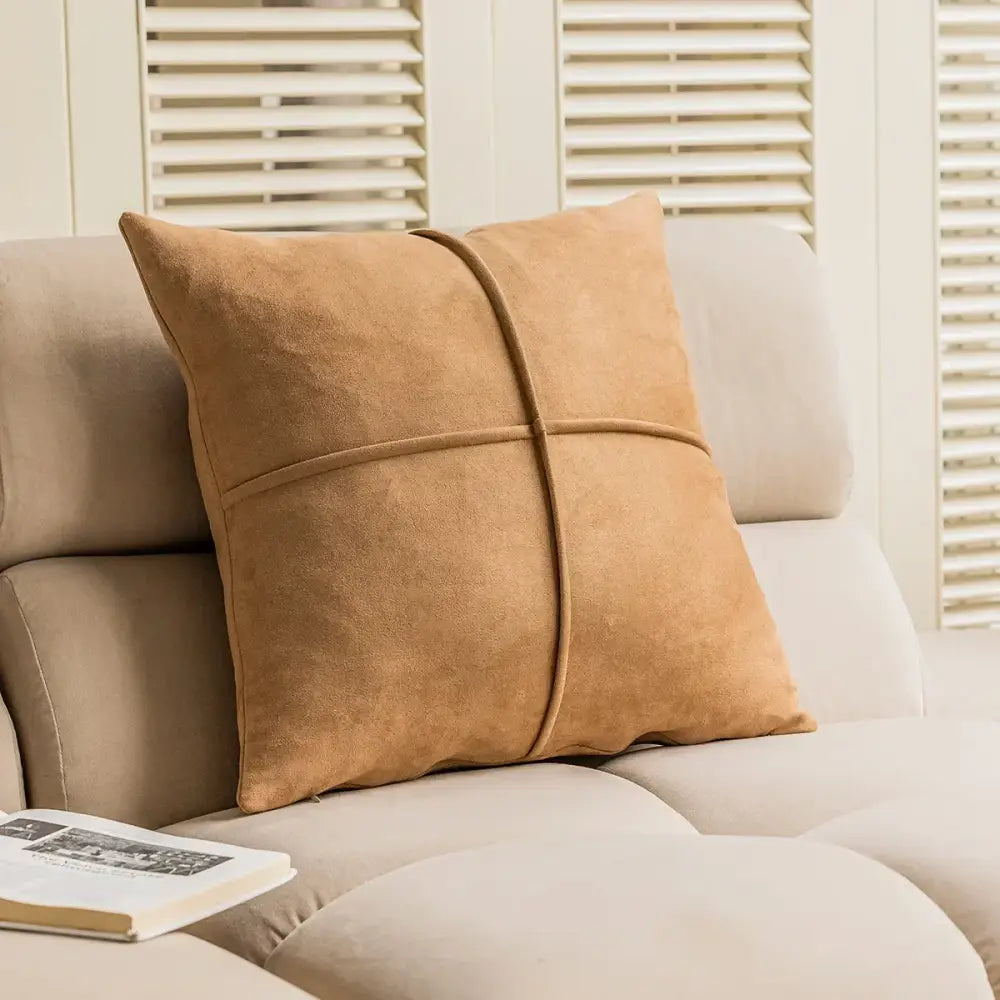 Brown & white geometric embroidery plush cushion cover living room