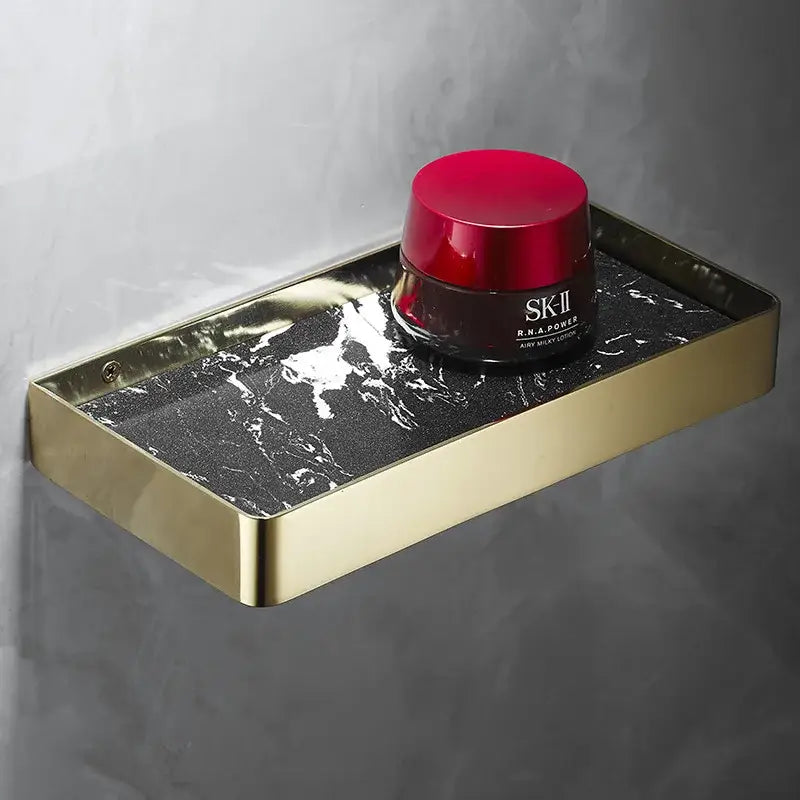 Brushed gold and black corner shelf bathroom storage organizer
