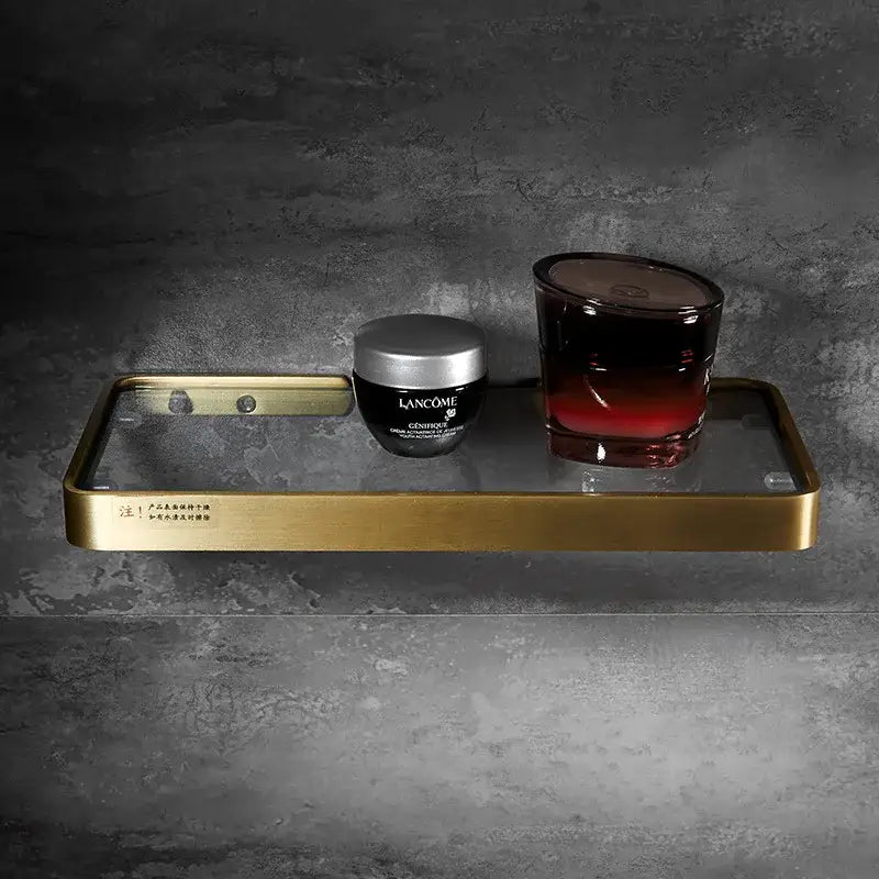 Brushed gold and black corner shelf bathroom storage organizer