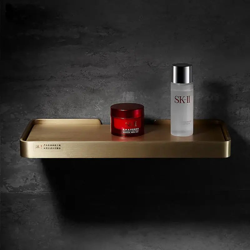 Brushed gold and black corner shelf bathroom storage organizer