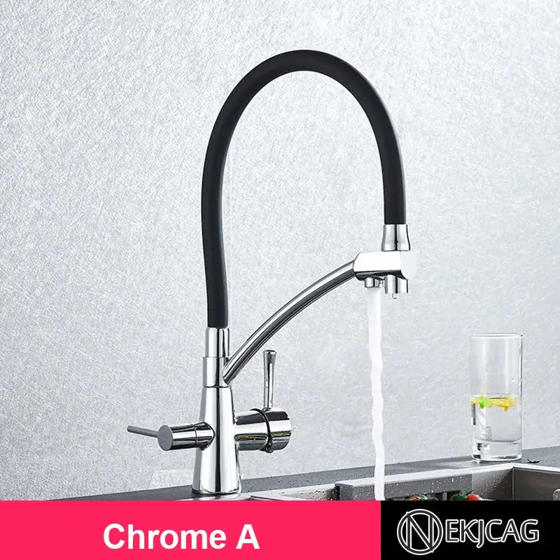 Brushed gold and black kitchen faucet with dual handles and filter