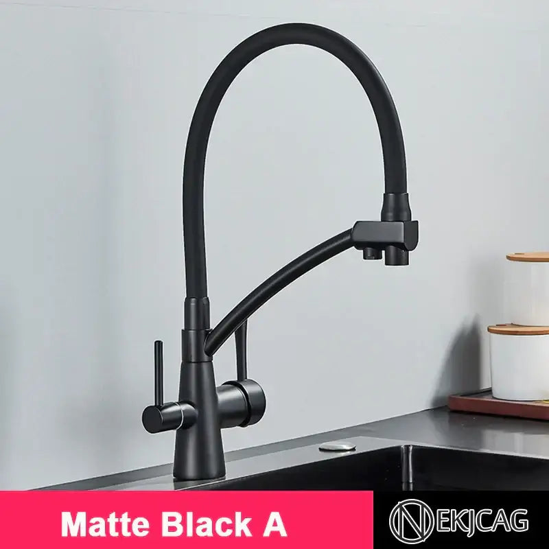 Brushed gold and black kitchen faucet with dual handles and filter