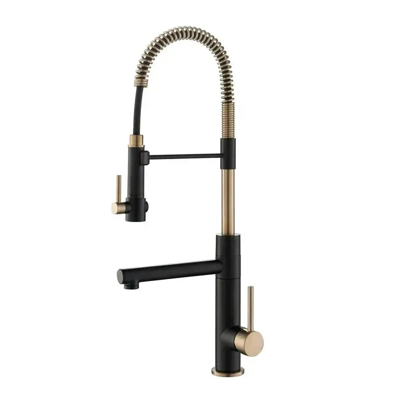 Brushed gold & black spring kitchen faucet with pull down spout