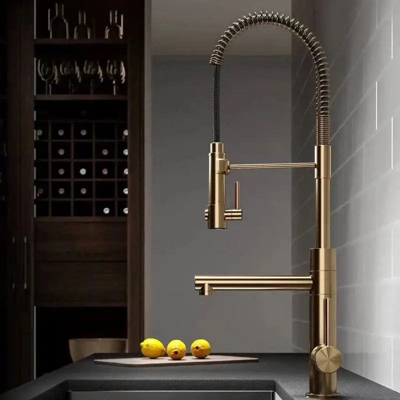 Brushed gold & black spring kitchen faucet with pull down spout