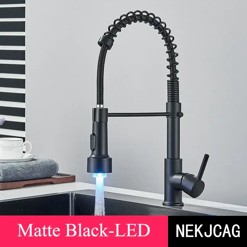Brushed gold led kitchen faucet with black spring pull down hose