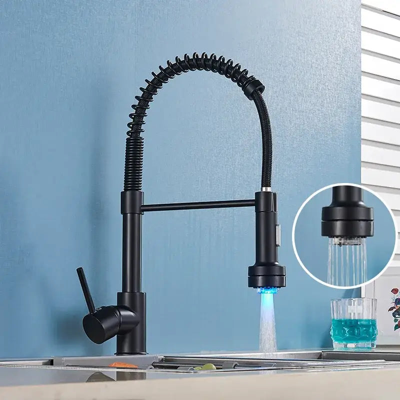 Brushed nickel coiled spring kitchen faucet with pull down sprayer