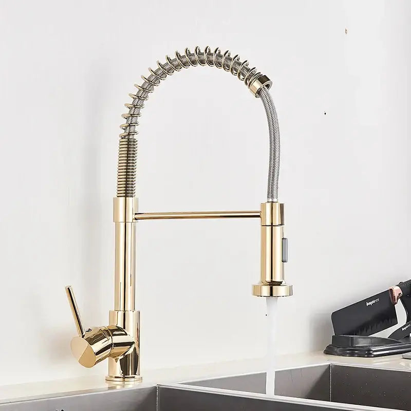 Brushed nickel coiled spring kitchen faucet with pull down sprayer
