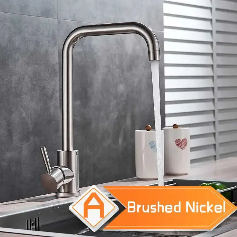 Brushed nickel kitchen faucet with curved swivel spout