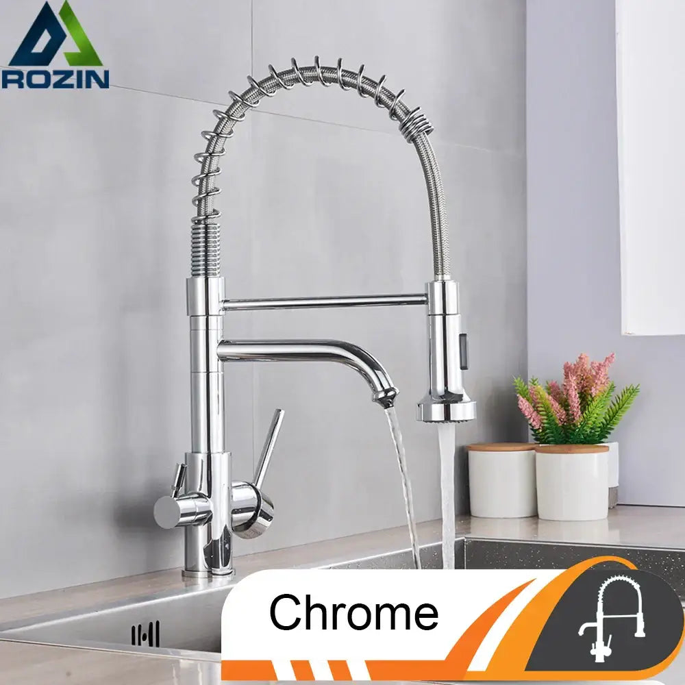 Brushed nickel kitchen faucet with pull down sprayer and spring hose