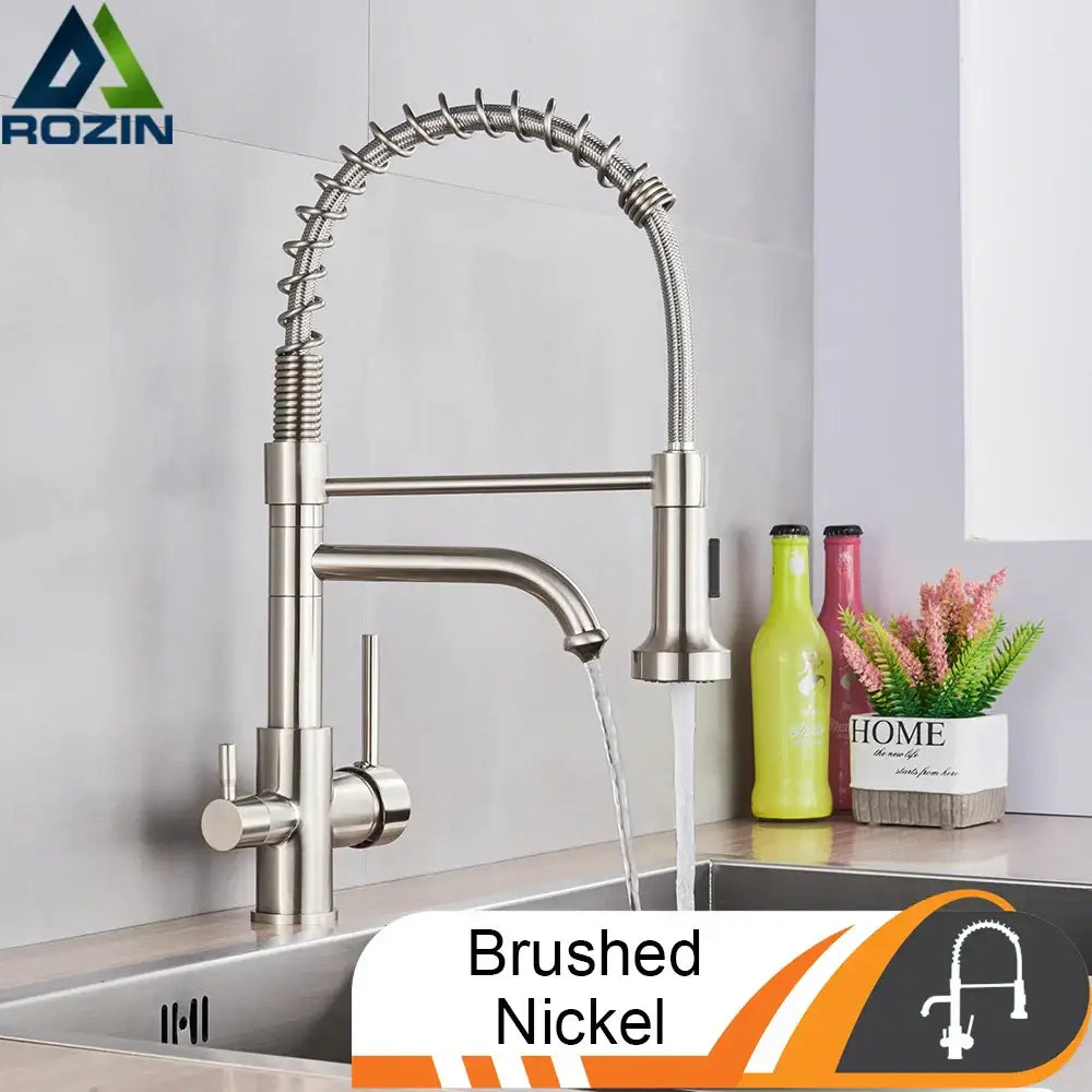 Brushed nickel kitchen faucet with pull down sprayer and spring hose
